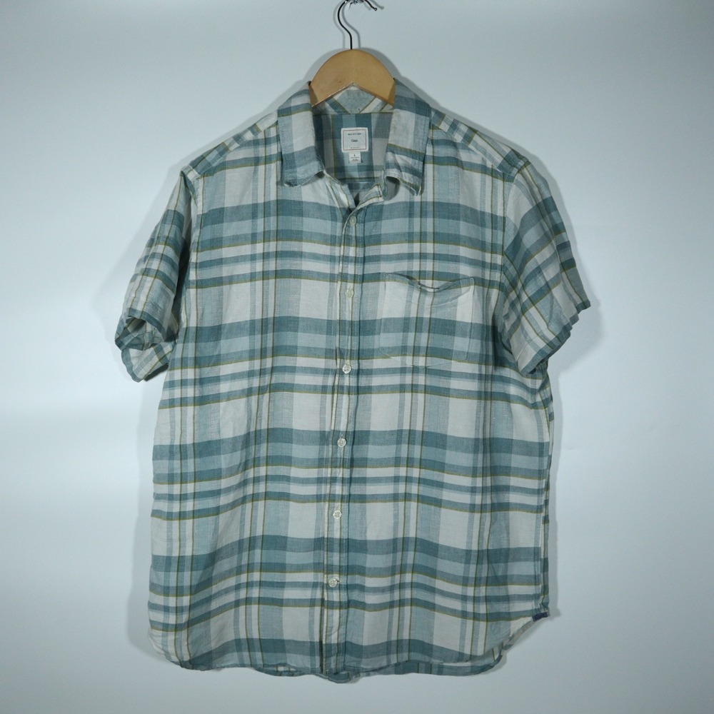 Gap Plaid Shirt Large Short Sleeve Linen Blend Blue White Green Button Down